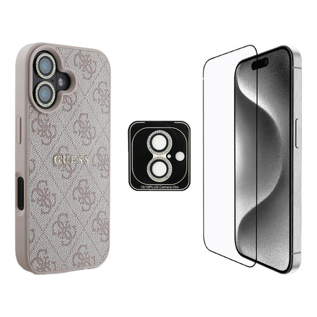 Apple iPhone 16 Plus Guess Orjinal Lisanslı Kılıf + Ekran Koruyucu + Lens Koruyucu 3in1 Aksesuar Seti