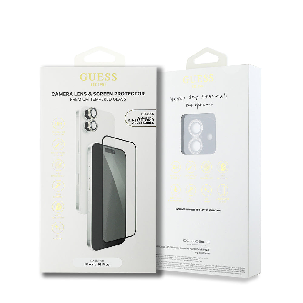 Apple iPhone 16 Plus Guess Orjinal Lisanslı Rhinestone Ekran Koruyucu + Lens Koruyucu 2in1 Aksesuar Seti
