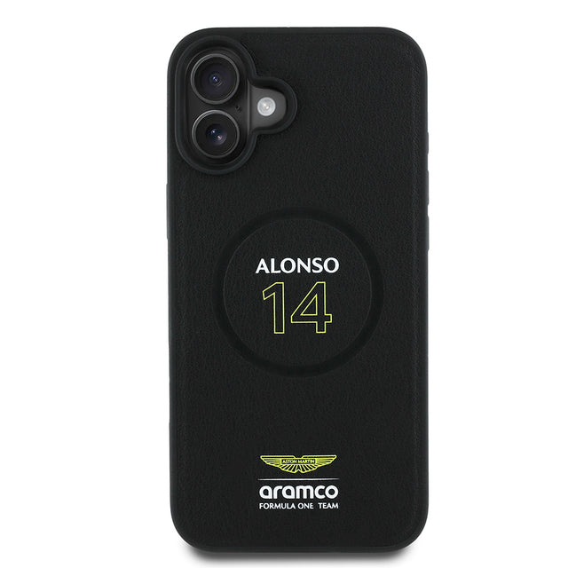 Apple iPhone 16 Plus Kılıf Aston Martin Orjinal Lisanslı M-safe Şarj Özellikli PU Deri Alonso 14 Baskılı Kapak