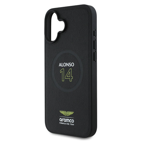 Apple iPhone 16 Plus Kılıf Aston Martin Orjinal Lisanslı M-safe Şarj Özellikli PU Deri Alonso 14 Baskılı Kapak