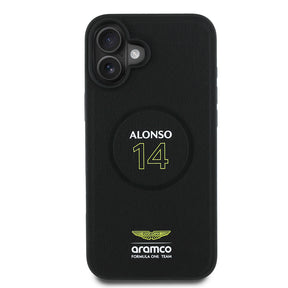 Apple iPhone 16 Plus Kılıf Aston Martin Orjinal Lisanslı M-safe Şarj Özellikli PU Deri Alonso 14 Baskılı Kapak