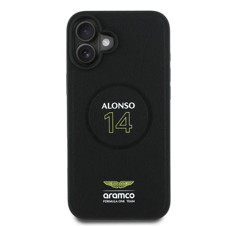 Apple iPhone 16 Plus Kılıf Aston Martin Orjinal Lisanslı M-safe Şarj Özellikli PU Deri Alonso 14 Baskılı Kapak