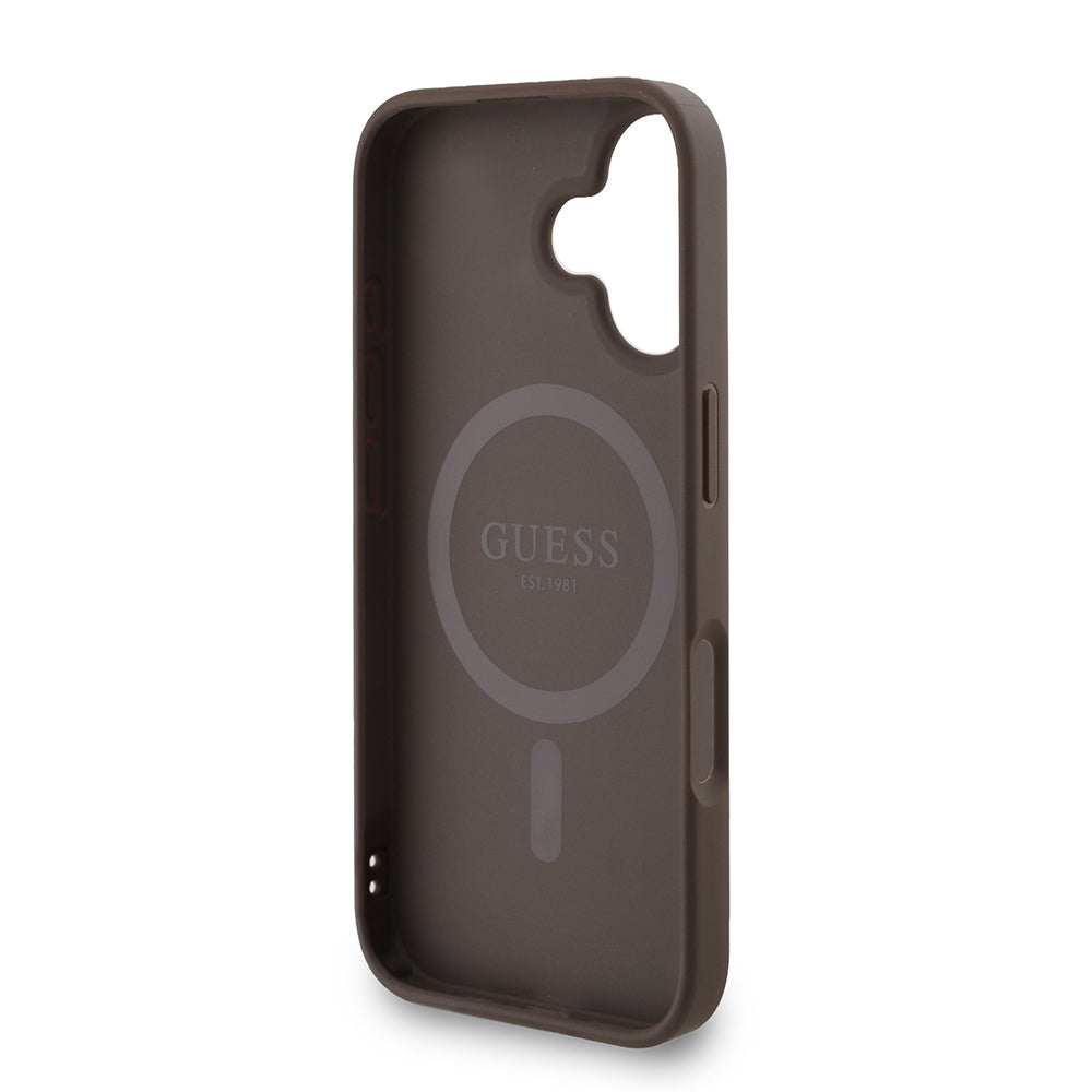 Apple iPhone 16 Plus Kılıf Guess Orjinal Lisanslı M-safe Şarj Özellikli PU Deri Bilek Askı İpli Yazı Logolu Kapak