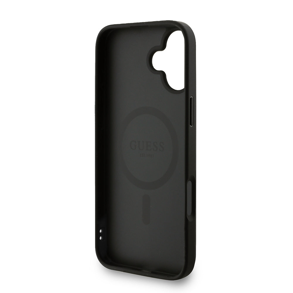 Apple iPhone 16 Plus Kılıf Guess Orjinal Lisanslı M-safe Şarj Özellikli PU Deri Bilek Askı İpli Yazı Logolu Kapak