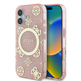 Apple iPhone 16 Plus Kılıf Guess Orjinal Lisanslı M-safe Şarj Özellikli 4G Desenli IML Yazı Logolu Peony Kapak
