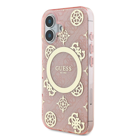 Apple iPhone 16 Plus Kılıf Guess Orjinal Lisanslı M-safe Şarj Özellikli 4G Desenli IML Yazı Logolu Peony Kapak