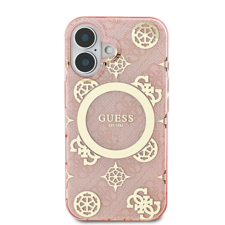 Apple iPhone 16 Plus Kılıf Guess Orjinal Lisanslı M-safe Şarj Özellikli 4G Desenli IML Yazı Logolu Peony Kapak