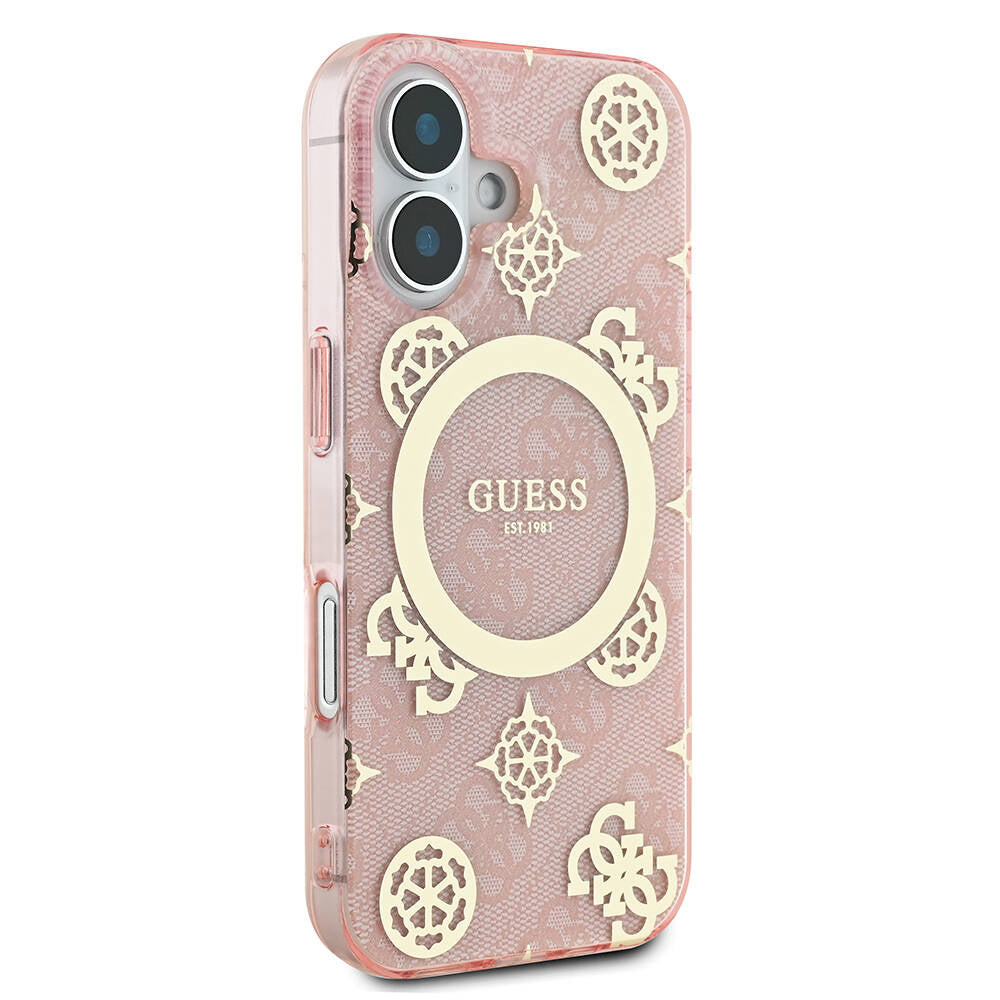 Apple iPhone 16 Plus Kılıf Guess Orjinal Lisanslı M-safe Şarj Özellikli 4G Desenli IML Yazı Logolu Peony Kapak