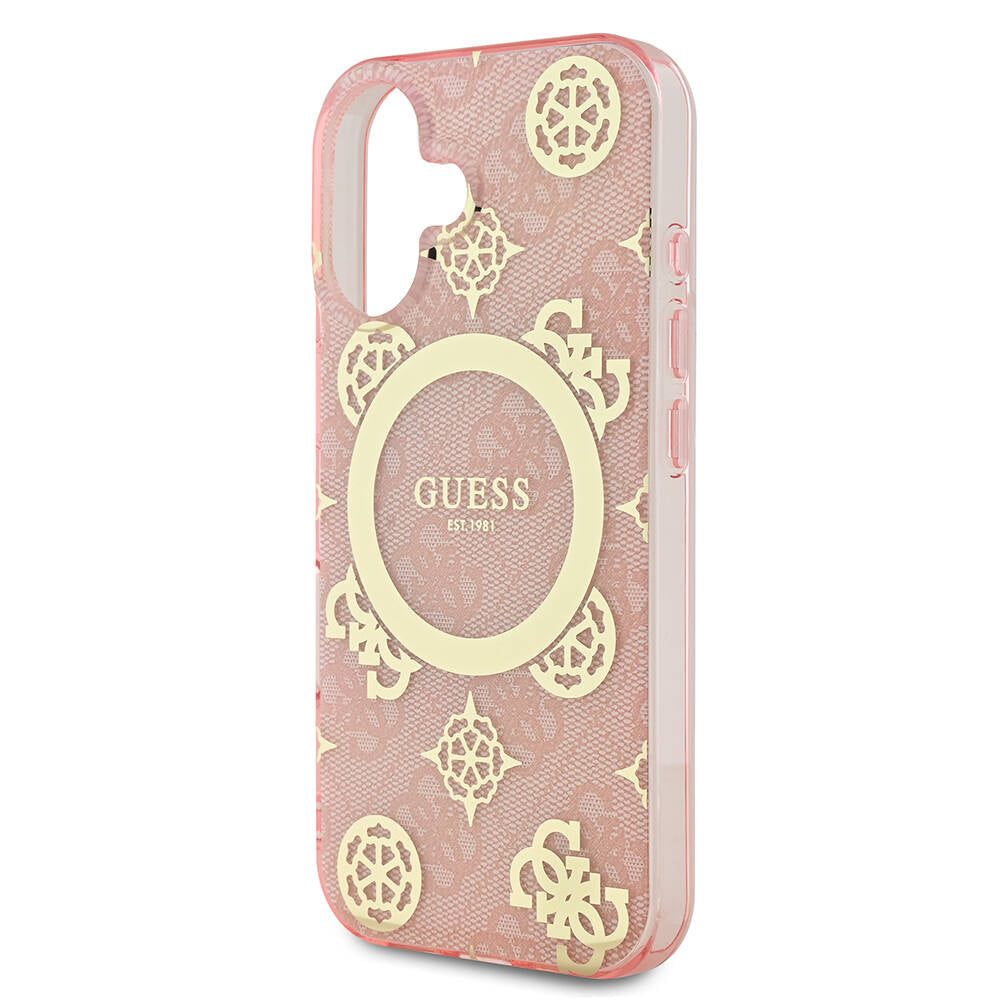 Apple iPhone 16 Plus Kılıf Guess Orjinal Lisanslı M-safe Şarj Özellikli 4G Desenli IML Yazı Logolu Peony Kapak