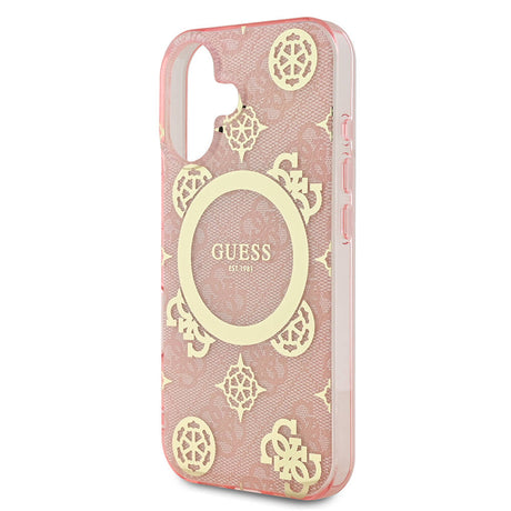 Apple iPhone 16 Plus Kılıf Guess Orjinal Lisanslı M-safe Şarj Özellikli 4G Desenli IML Yazı Logolu Peony Kapak