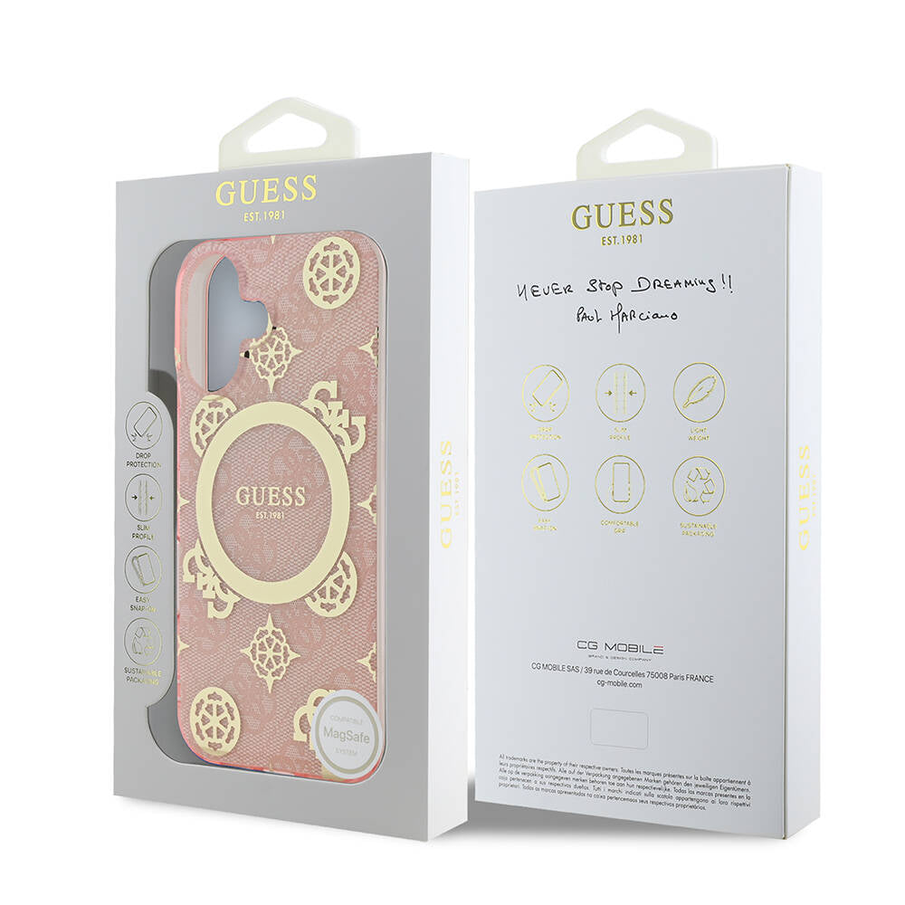 Apple iPhone 16 Plus Kılıf Guess Orjinal Lisanslı M-safe Şarj Özellikli 4G Desenli IML Yazı Logolu Peony Kapak