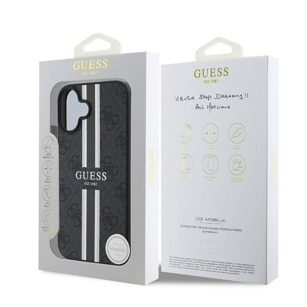 Apple iPhone 16 Plus Kılıf Guess Orjinal Lisanslı M-safe Şarj Özellikli 4G Şerit Tasarımlı Printed Kapak