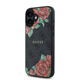 Apple iPhone 16 Plus Kılıf Guess Orjinal Lisanslı M-safe Şarj Özellikli Gül Baskılı 4G Desenli Yazı Logolu Kapak