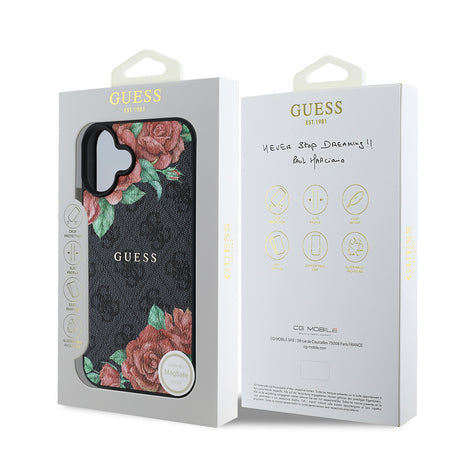 Apple iPhone 16 Plus Kılıf Guess Orjinal Lisanslı M-safe Şarj Özellikli Gül Baskılı 4G Desenli Yazı Logolu Kapak