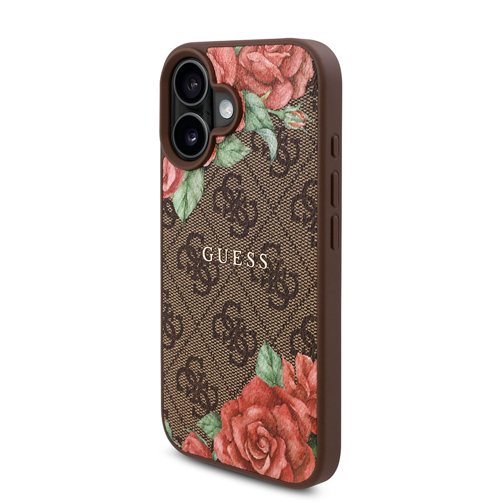 Apple iPhone 16 Plus Kılıf Guess Orjinal Lisanslı M-safe Şarj Özellikli Gül Baskılı 4G Desenli Yazı Logolu Kapak