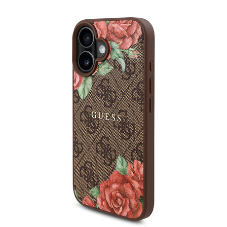 Apple iPhone 16 Plus Kılıf Guess Orjinal Lisanslı M-safe Şarj Özellikli Gül Baskılı 4G Desenli Yazı Logolu Kapak