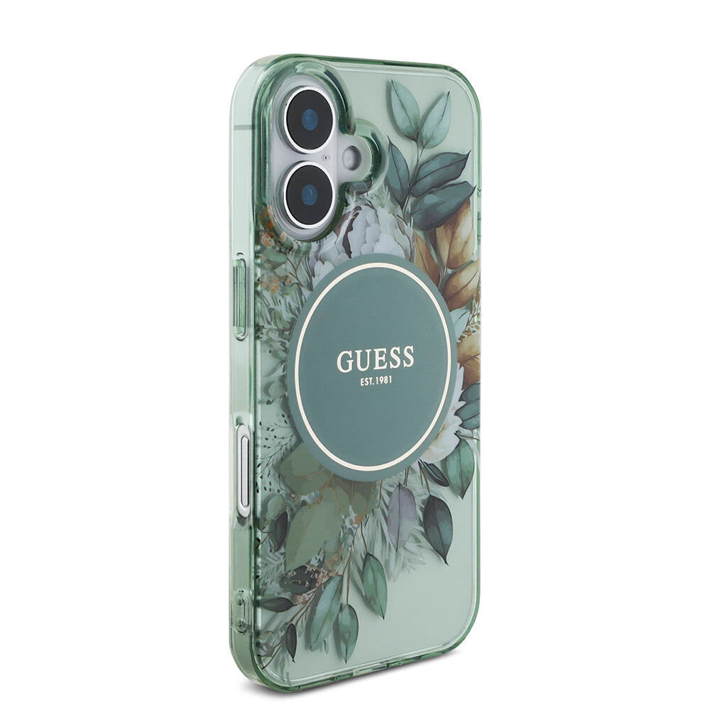 Apple iPhone 16 Plus Kılıf Guess Orjinal Lisanslı M-safe Şarj Özellikli IML Baskılı Çiçek İnci Bileklikli Kapak