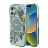 Apple iPhone 16 Plus Kılıf Guess Orjinal Lisanslı M-safe Şarj Özellikli IML Baskılı Çiçek İnci Bileklikli Kapak