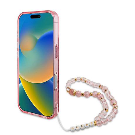Apple iPhone 16 Plus Kılıf Guess Orjinal Lisanslı M-safe Şarj Özellikli IML Baskılı Çiçek İnci Bileklikli Kapak