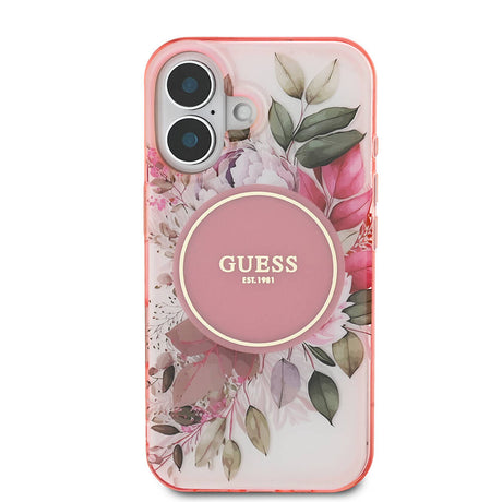 Apple iPhone 16 Plus Kılıf Guess Orjinal Lisanslı M-safe Şarj Özellikli IML Baskılı Yazı Logolu Flower Tonal Circle Kapak