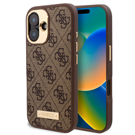 Apple iPhone 16 Plus Kılıf Guess Orjinal Lisanslı M-safe Şarj Özellikli PU 4G Desenli Metal Plaka Klasik Logolu Kapak
