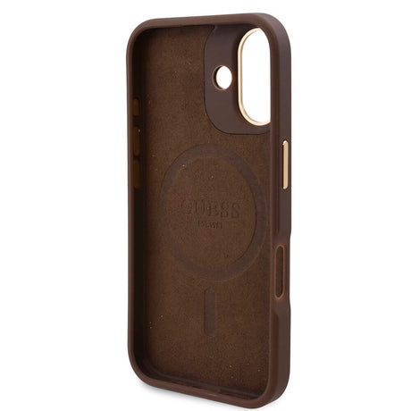 Apple iPhone 16 Plus Kılıf Guess Orjinal Lisanslı M-safe Şarj Özellikli PU 4G Desenli Metal Plaka Klasik Logolu Kapak