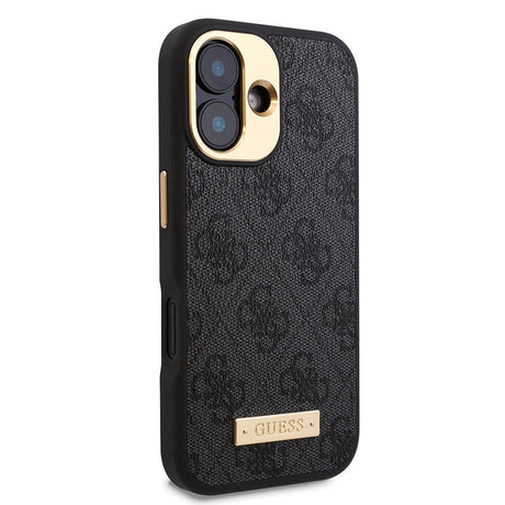Apple iPhone 16 Plus Kılıf Guess Orjinal Lisanslı M-safe Şarj Özellikli PU 4G Desenli Metal Plaka Klasik Logolu Kapak