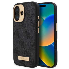 Apple iPhone 16 Plus Kılıf Guess Orjinal Lisanslı M-safe Şarj Özellikli PU 4G Desenli Metal Plaka Klasik Logolu Kapak