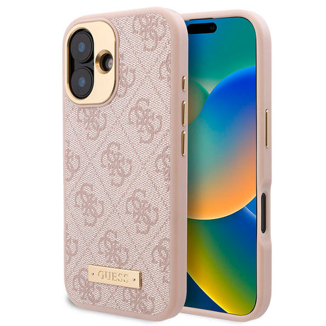 Apple iPhone 16 Plus Kılıf Guess Orjinal Lisanslı M-safe Şarj Özellikli PU 4G Desenli Metal Plaka Klasik Logolu Kapak