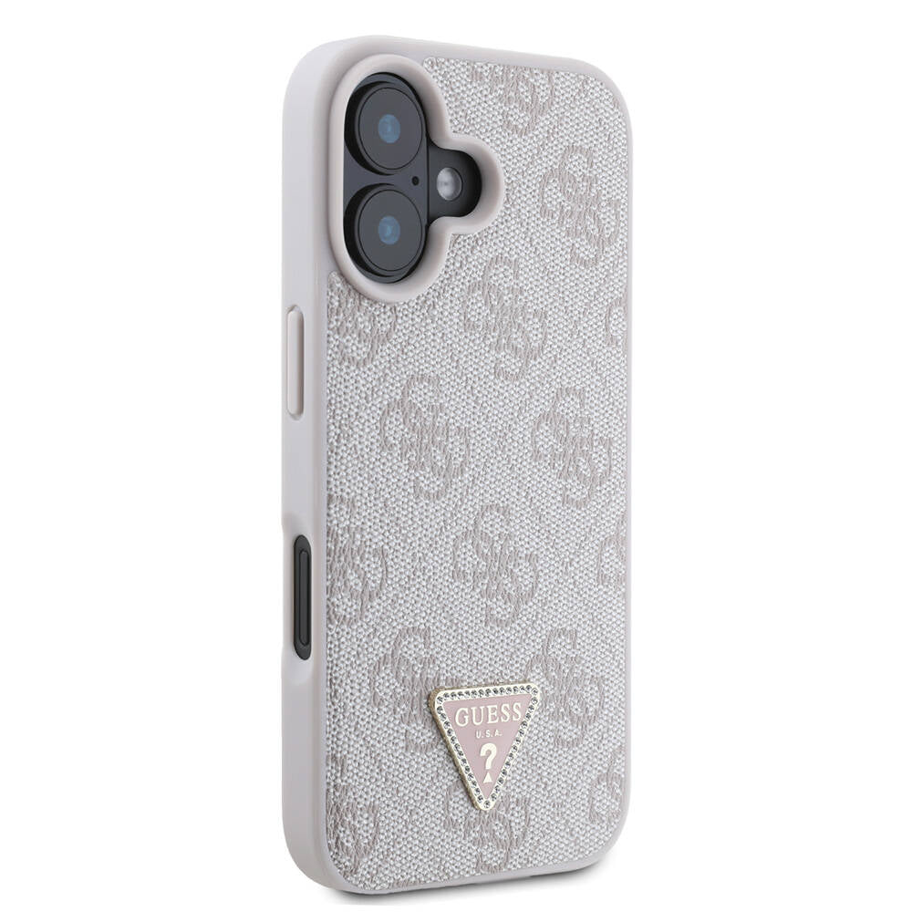 Apple iPhone 16 Plus Kılıf Guess Orjinal Lisanslı M-safe Şarj Özellikli PU Deri 4G Desenli Taşlı Üçgen Logolu Kapak