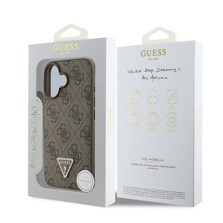 Apple iPhone 16 Plus Kılıf Guess Orjinal Lisanslı M-safe Şarj Özellikli PU Deri 4G Desenli Taşlı Üçgen Logolu Kapak