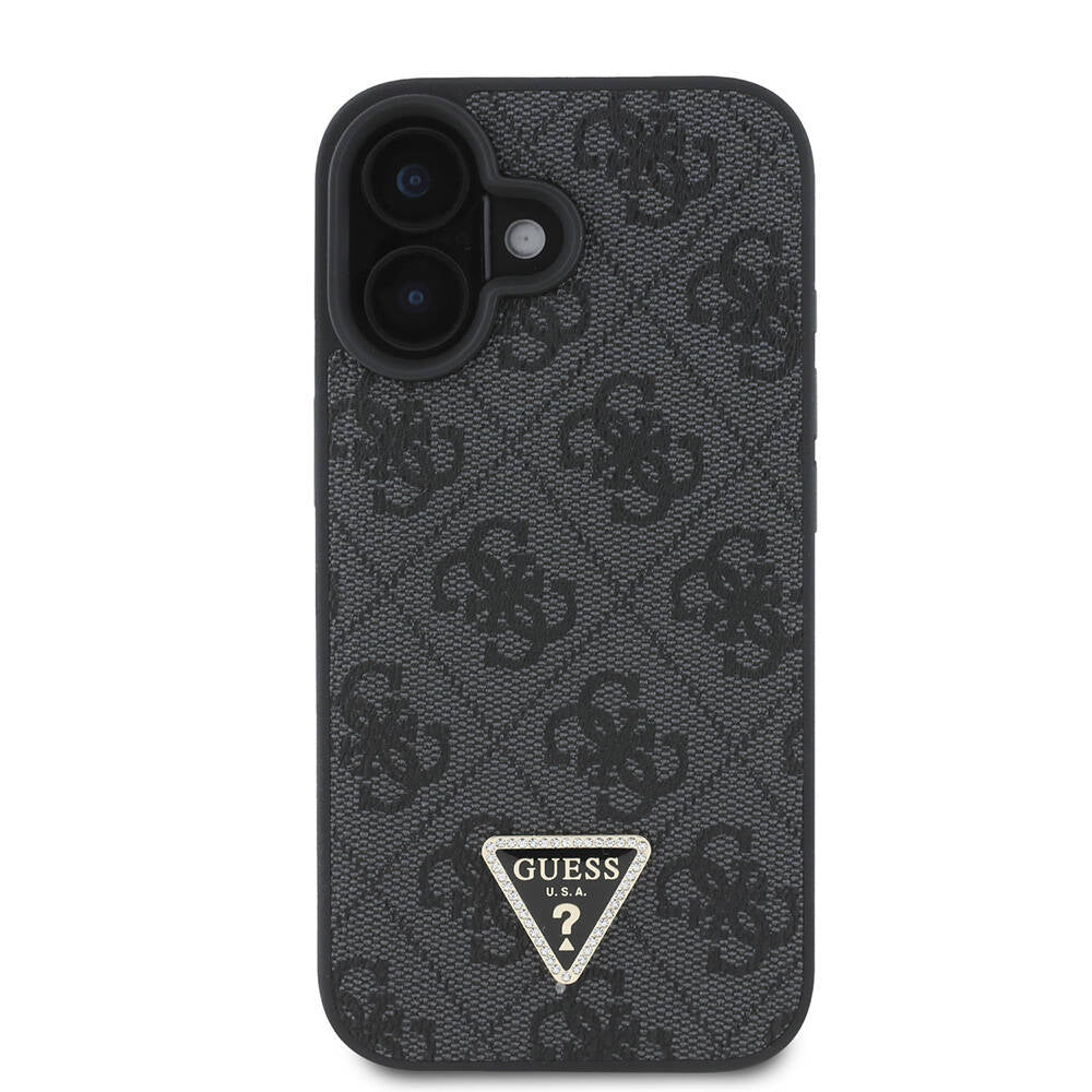 Apple iPhone 16 Plus Kılıf Guess Orjinal Lisanslı M-safe Şarj Özellikli PU Deri 4G Desenli Taşlı Üçgen Logolu Kapak