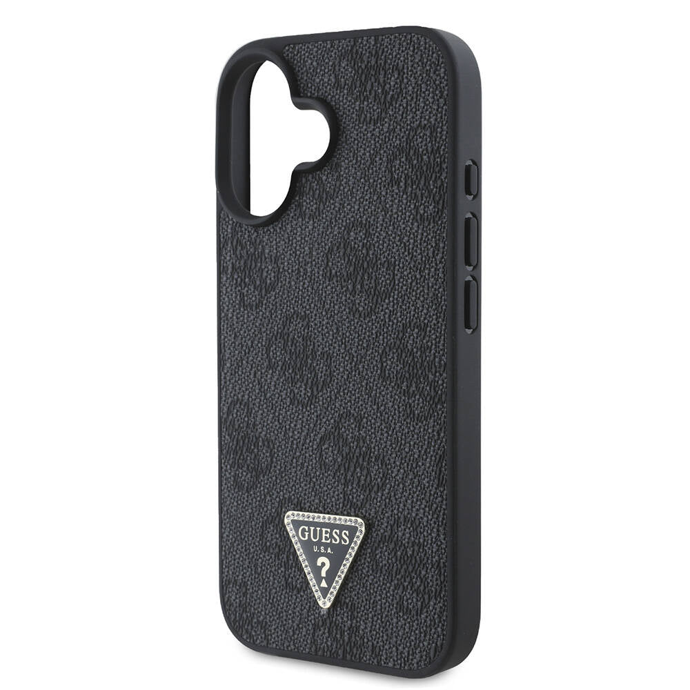 Apple iPhone 16 Plus Kılıf Guess Orjinal Lisanslı M-safe Şarj Özellikli PU Deri 4G Desenli Taşlı Üçgen Logolu Kapak