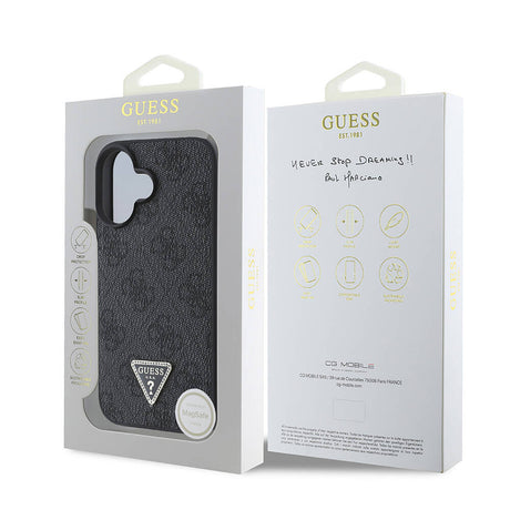Apple iPhone 16 Plus Kılıf Guess Orjinal Lisanslı M-safe Şarj Özellikli PU Deri 4G Desenli Taşlı Üçgen Logolu Kapak