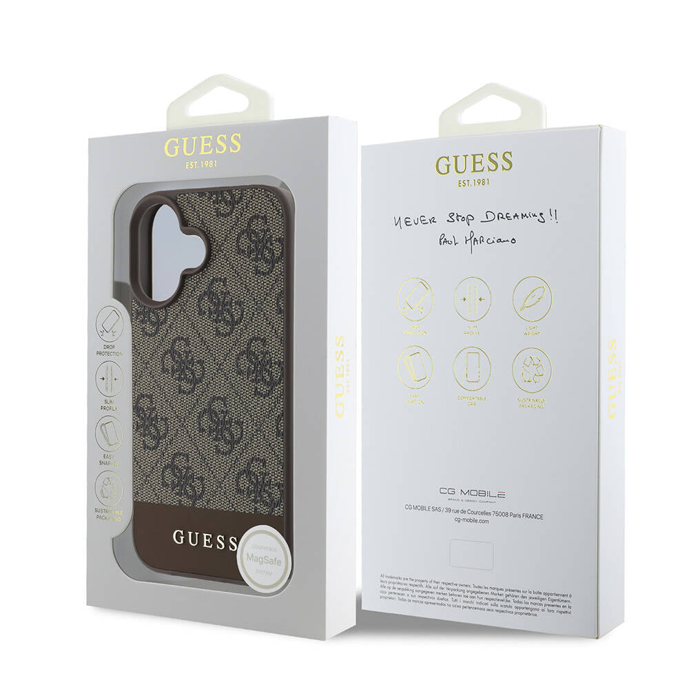 Apple iPhone 16 Plus Kılıf Guess Orjinal Lisanslı M-safe Şarj Özellikli PU Deri Şerit Logo Dizaynlı Kapak