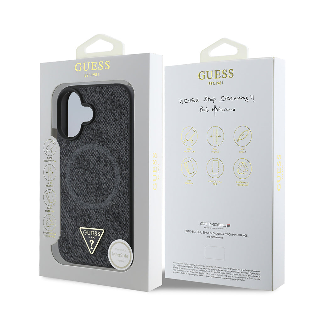Apple iPhone 16 Plus Kılıf Guess Orjinal Lisanslı M-safe Şarj Özellikli PU Üçgen Logo 4G Desenli Kapak