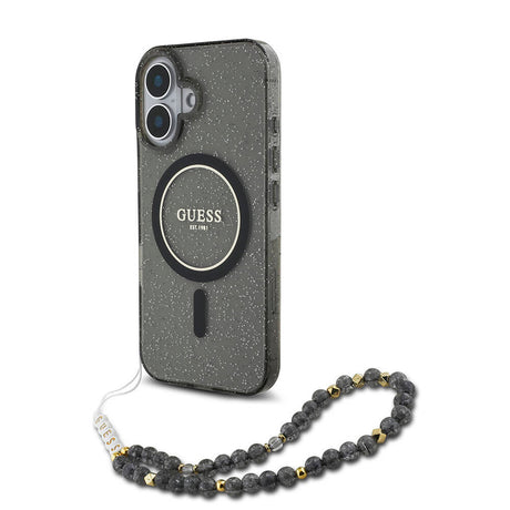 Apple iPhone 16 Plus Kılıf Guess Orjinal Lisanslı M-safe Şarj Özellikli Simli Silikon İnci Bileklikli Kapak