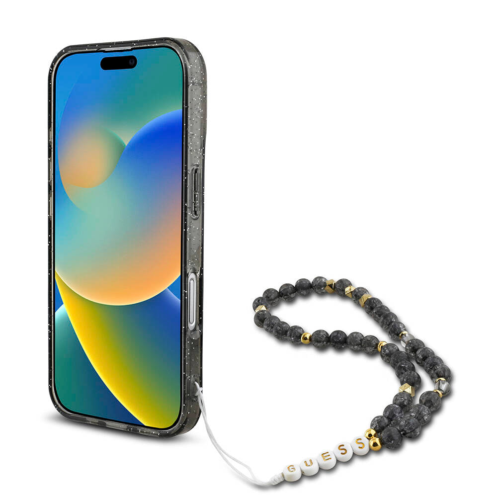 Apple iPhone 16 Plus Kılıf Guess Orjinal Lisanslı M-safe Şarj Özellikli Simli Silikon İnci Bileklikli Kapak