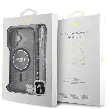 Apple iPhone 16 Plus Kılıf Guess Orjinal Lisanslı M-safe Şarj Özellikli Simli Silikon İnci Bileklikli Kapak