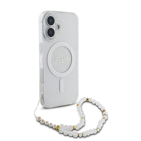 Apple iPhone 16 Plus Kılıf Guess Orjinal Lisanslı M-safe Şarj Özellikli Simli Silikon İnci Bileklikli Kapak