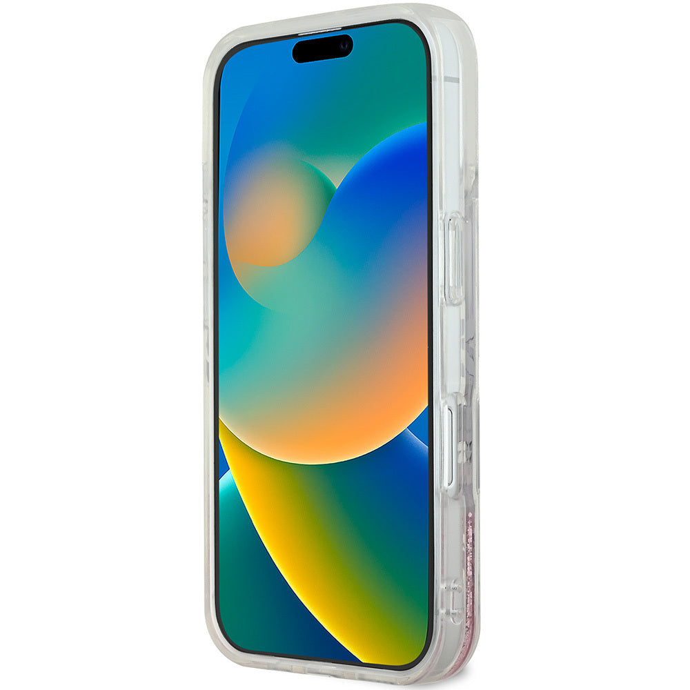 Apple iPhone 16 Plus Kılıf Guess Orjinal Lisanslı M-safe Şarj Özellikli Sıvılı Simli Çiçek Desenli Kapak