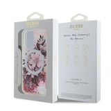 Apple iPhone 16 Plus Kılıf Guess Orjinal Lisanslı M-safe Şarj Özellikli Sıvılı Simli Çiçek Desenli Kapak