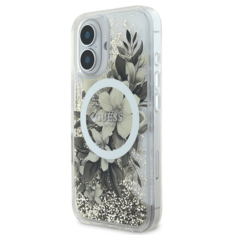 Apple iPhone 16 Plus Kılıf Guess Orjinal Lisanslı M-safe Şarj Özellikli Sıvılı Simli Çiçek Desenli Kapak