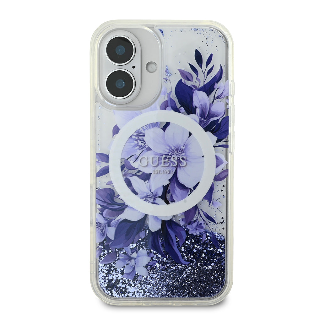 Apple iPhone 16 Plus Kılıf Guess Orjinal Lisanslı M-safe Şarj Özellikli Sıvılı Simli Çiçek Desenli Kapak