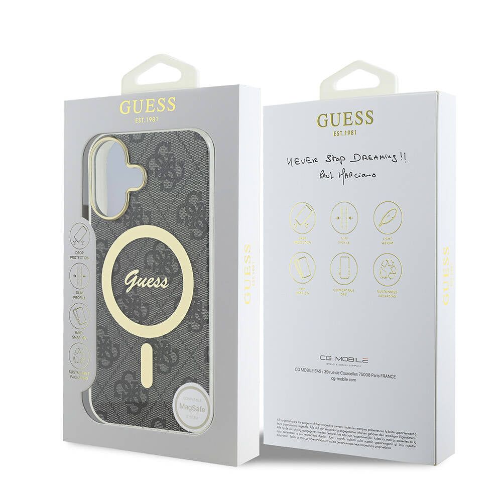 Apple iPhone 16 Plus Kılıf Guess Orjinal Lisanslı M-safe Şarj Özellikli Yazı Logolu 4G Desenli Kapak