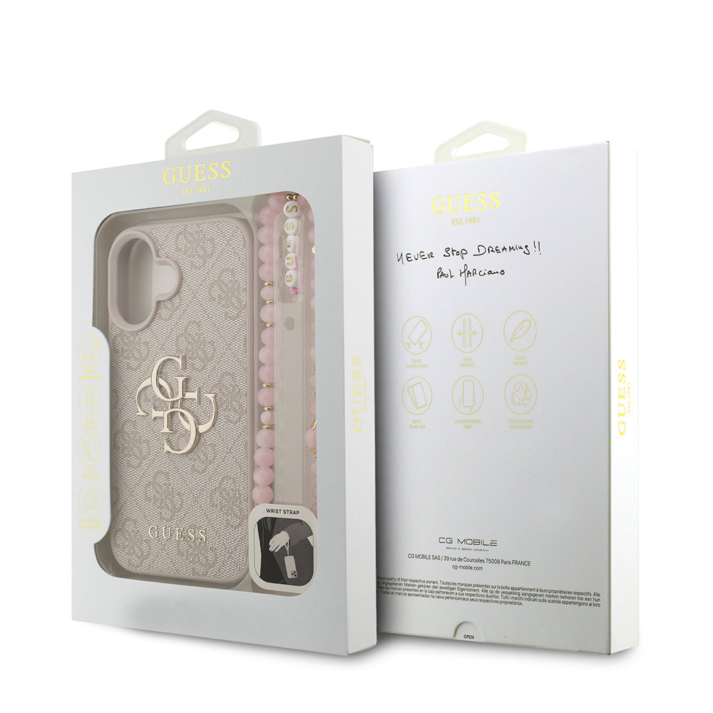 Apple iPhone 16 Plus Kılıf Guess Orjinal Lisanslı PU Deri Bilek Askı İpli Metal Büyük 4G ve Yazı Logolu Kapak