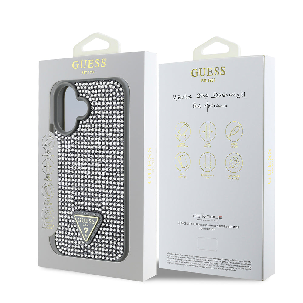 Apple iPhone 16 Plus Kılıf Guess Orjinal Lisanslı Taşlı Arka Yüzey Üçgen Logolu Kapak