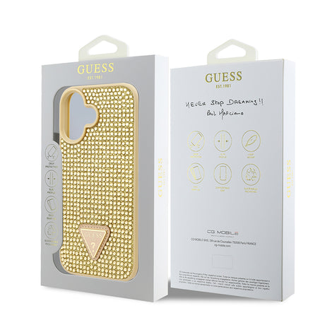 Apple iPhone 16 Plus Kılıf Guess Orjinal Lisanslı Taşlı Arka Yüzey Üçgen Logolu Kapak