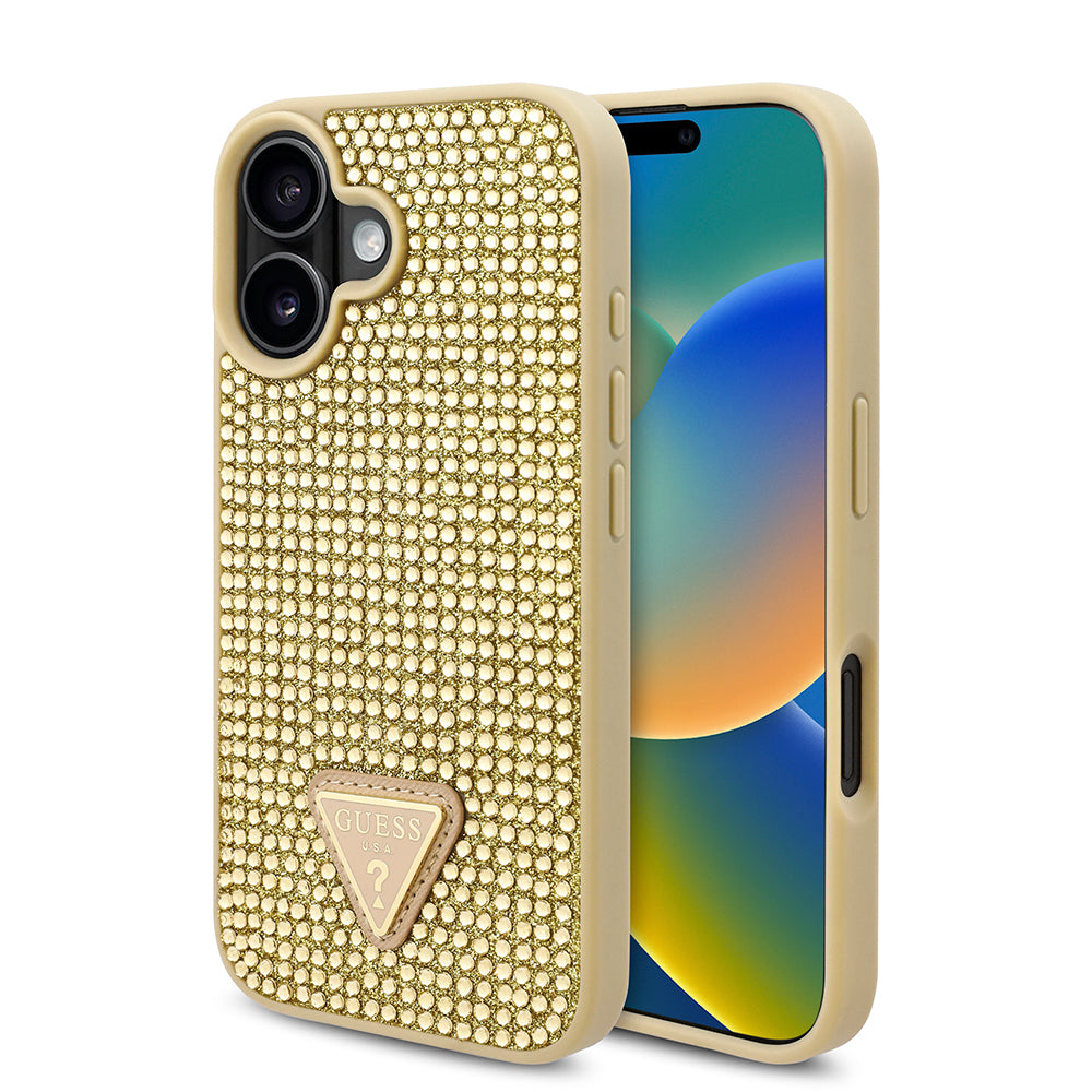 Apple iPhone 16 Plus Kılıf Guess Orjinal Lisanslı Taşlı Arka Yüzey Üçgen Logolu Kapak