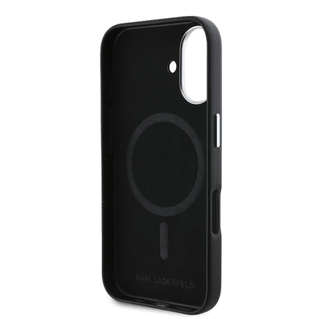 Apple iPhone 16 Plus Kılıf Karl Lagerfeld Orjinal Lisanslı M-safe Şarj Özellikli Metal Kamera ve Buton Tasarımlı Plaka Logolu PU Deri Kapak